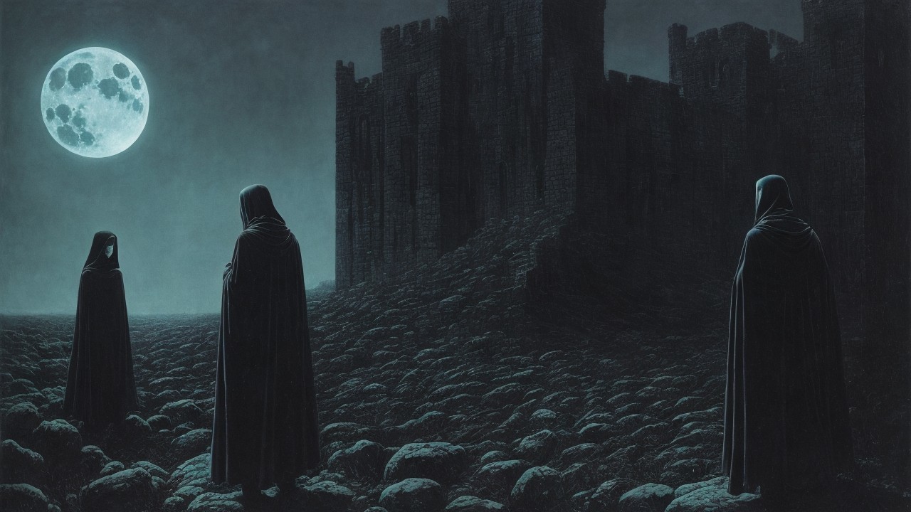 Cloaked Figures in Moonlit Rocky Landscape with Castle