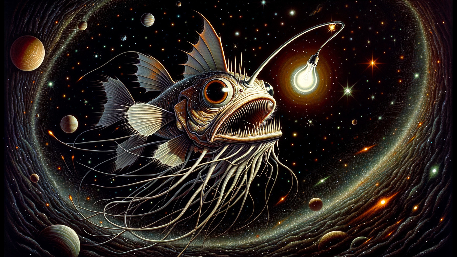 Surreal Underwater Scene with Cosmic Fish and Lightbulb