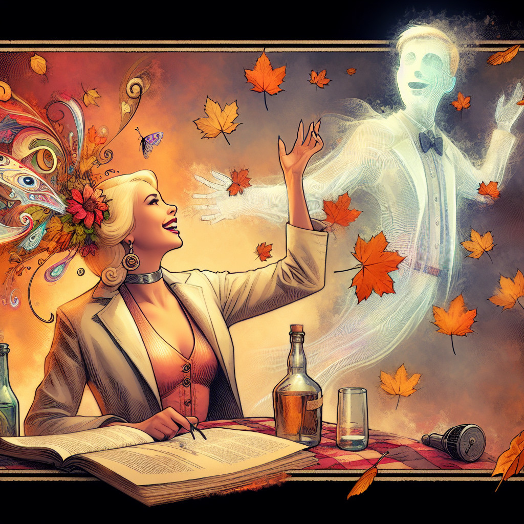 Vintage Woman with Ghostly Figure in Autumn Setting