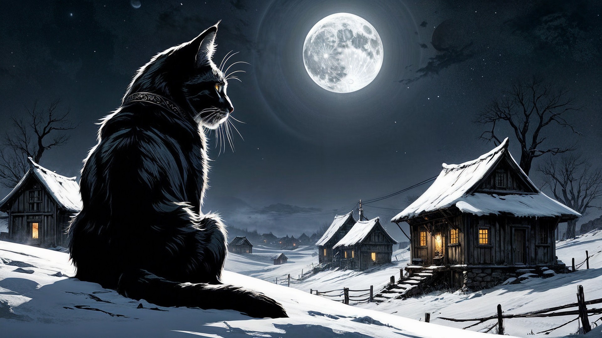 Black Cat in Snowy Landscape Under Full Moon