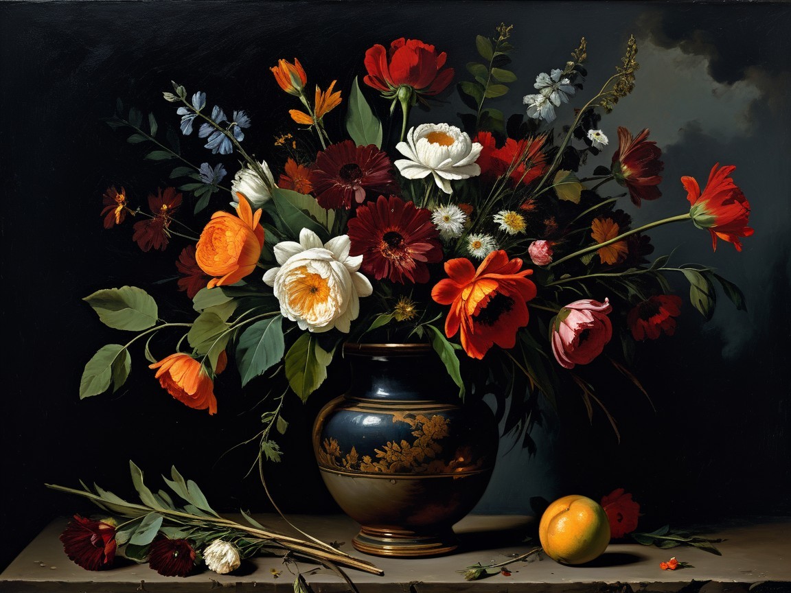 Vibrant Still-Life with Flowers and an Orange