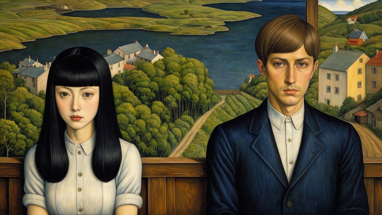 Seated Couple in Serene Landscape with Calm Lake