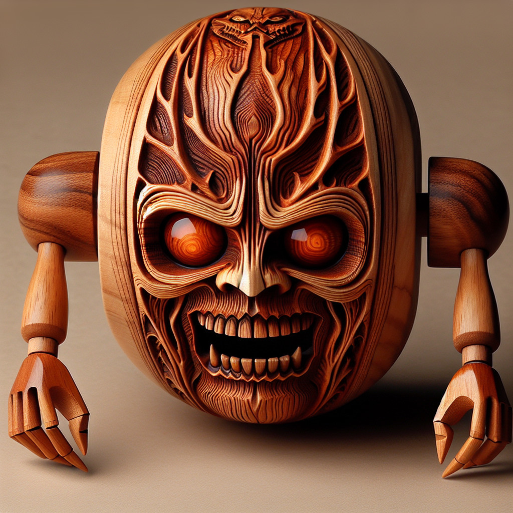 Intricately Carved Wooden Robot Head with Eerie Features