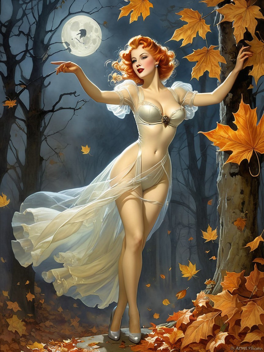 Moonlit Forest Scene with Figure in Sheer Gown