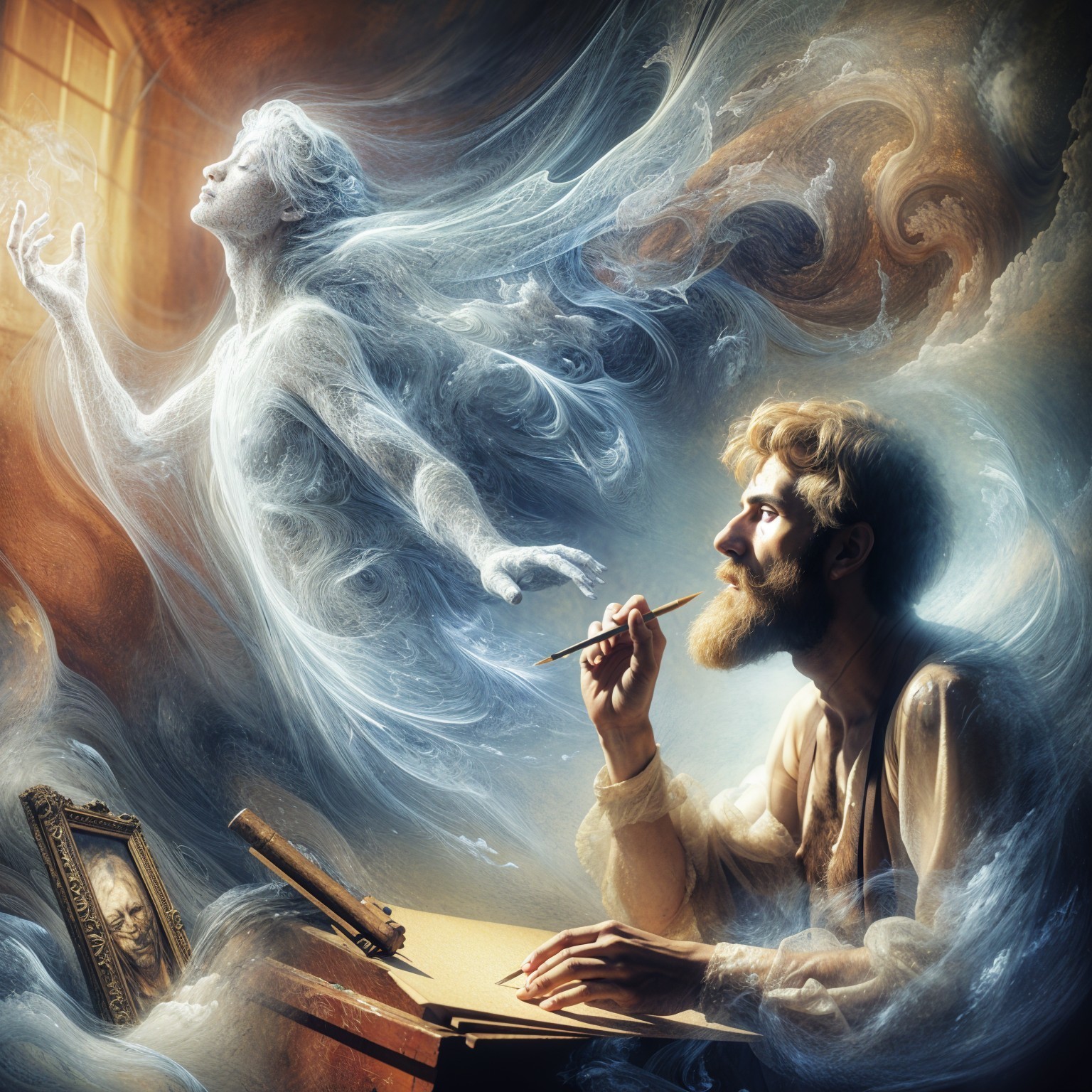 Pensive Artist Surrounded by Ethereal Colors and Light