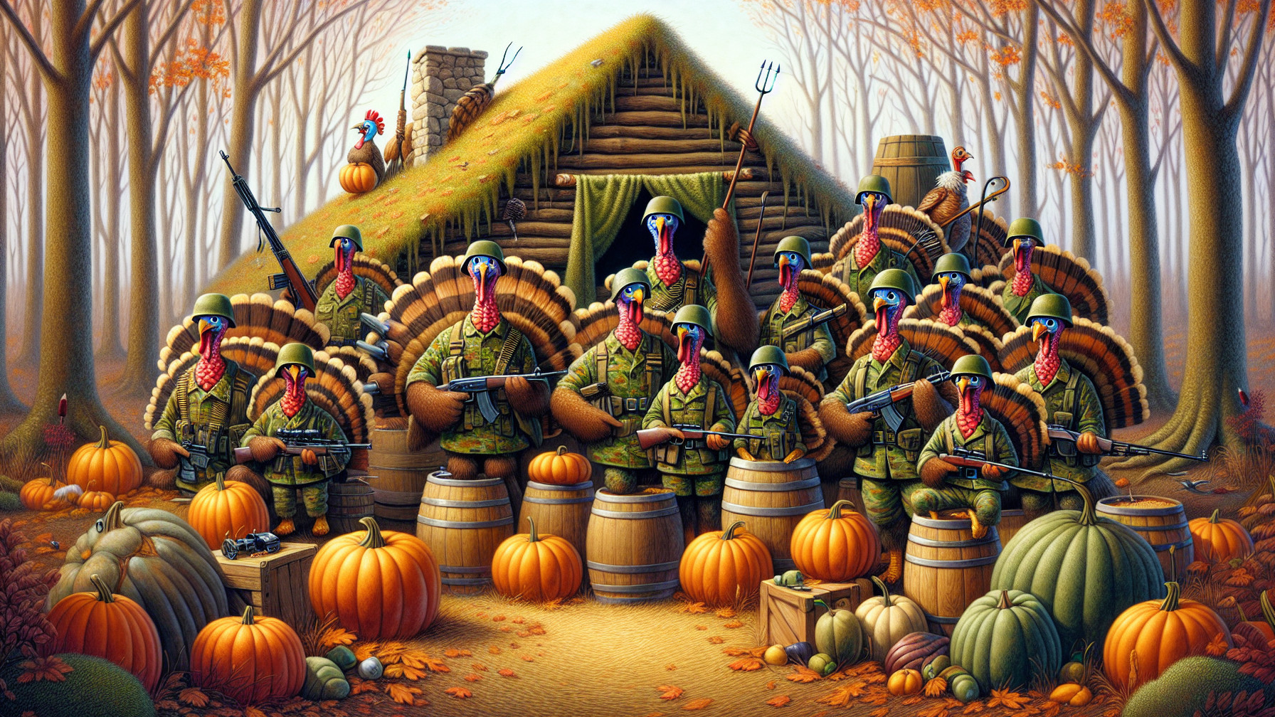 Whimsical Autumn Scene with Soldier Turkeys and Cabin