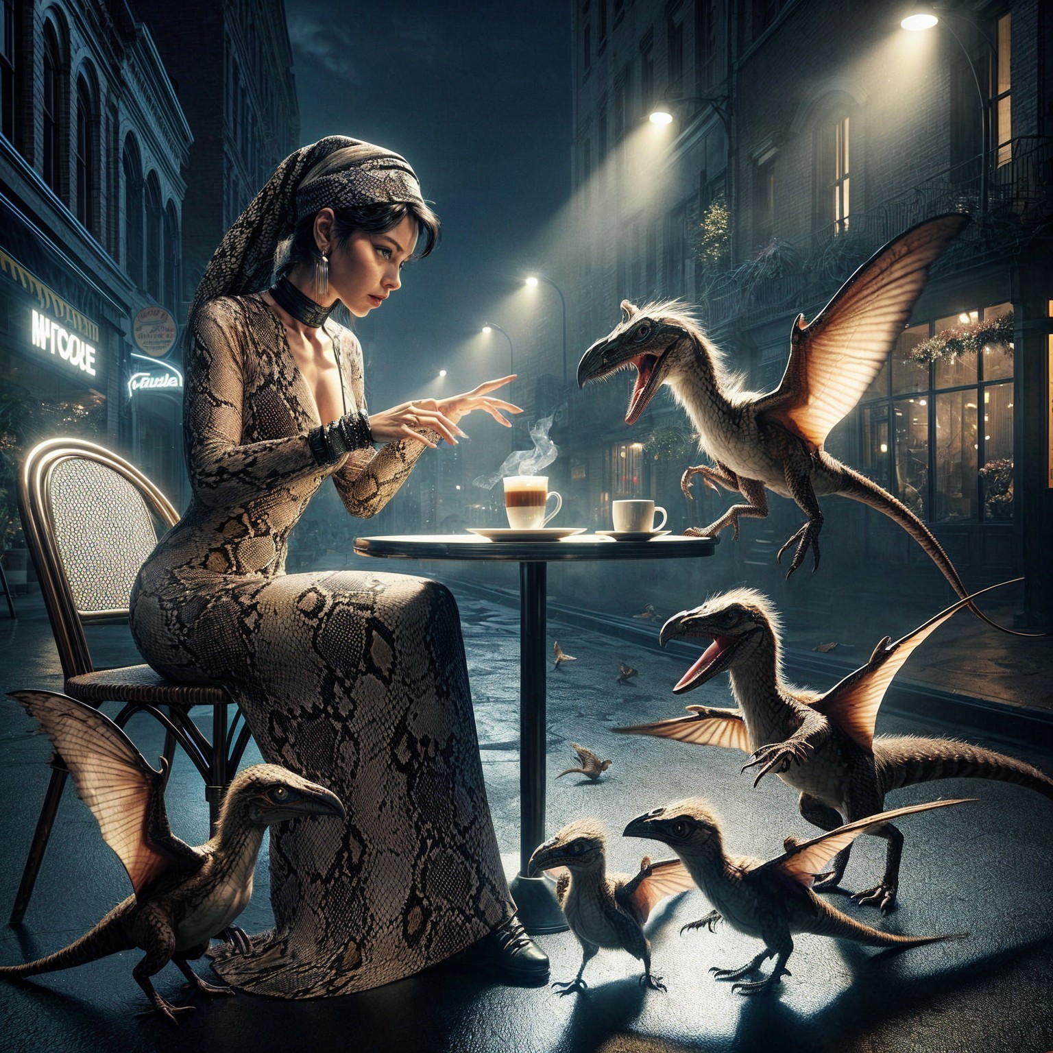 Woman in snake-patterned dress with feathered raptors