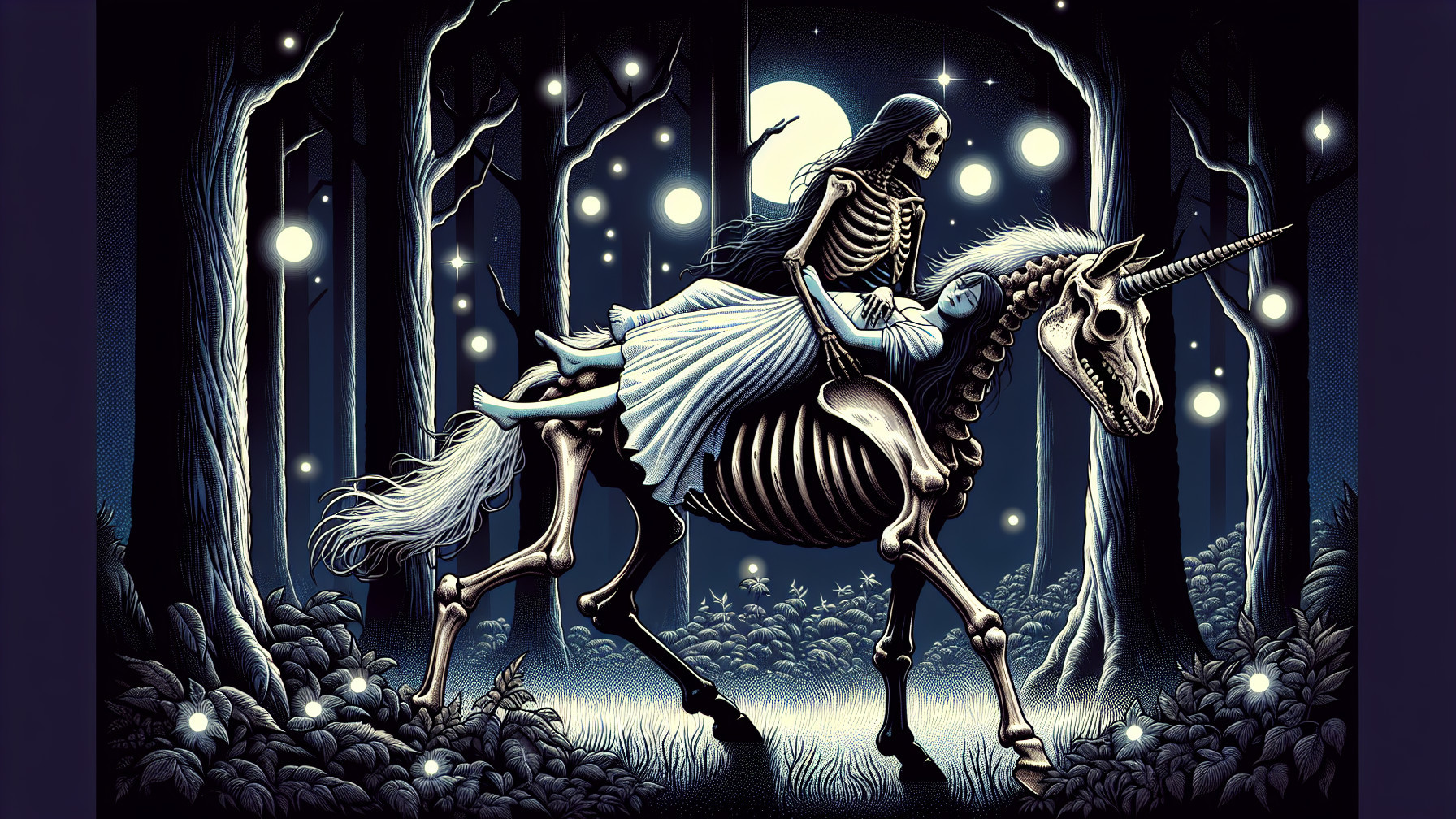 Skeletal Figure on Ghostly Unicorn in Moonlit Forest
