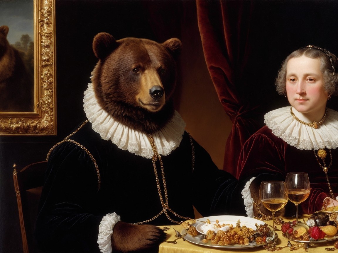 Bear in 17th-Century Attire at Elegant Dining Table