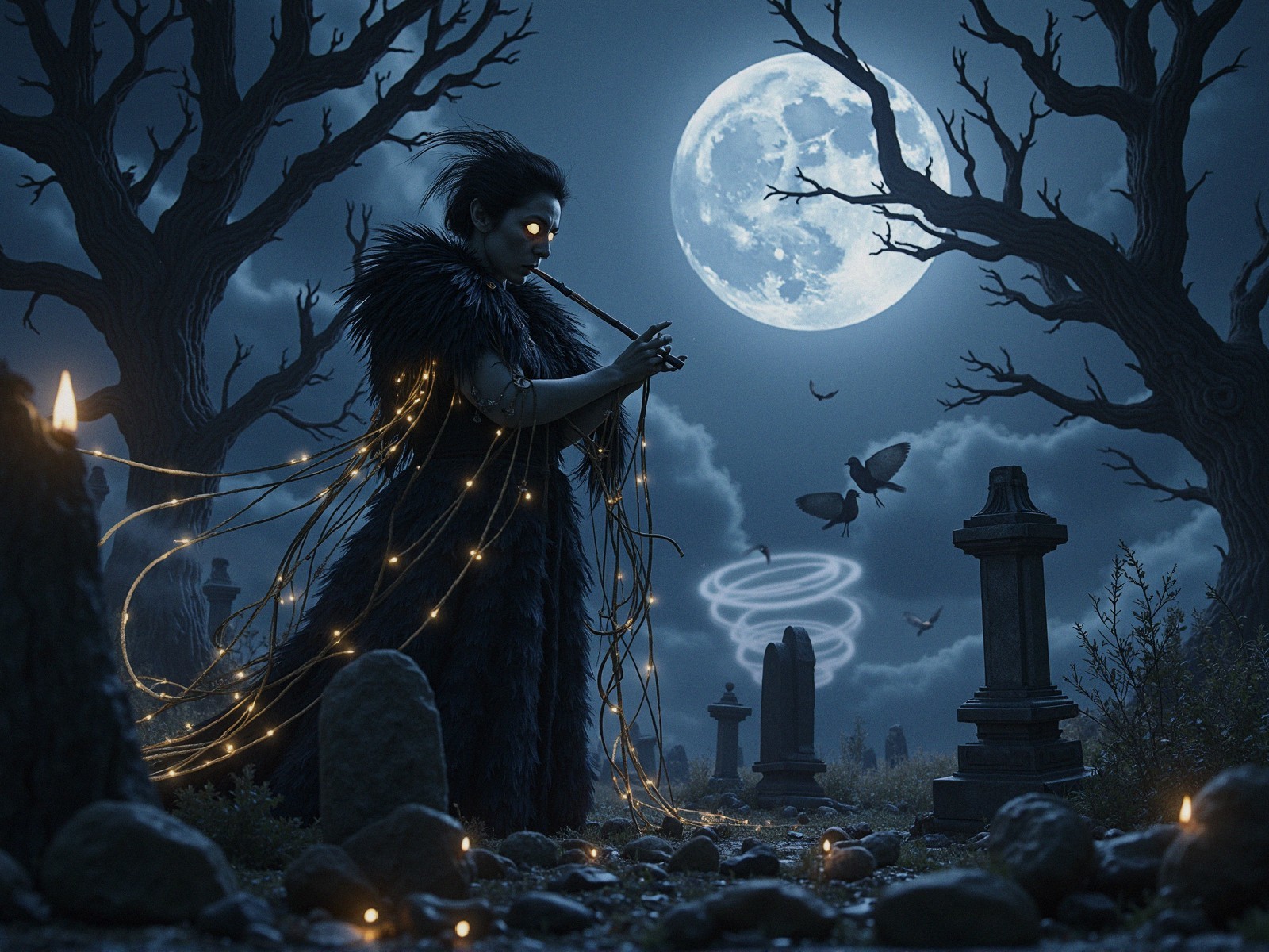 Mysterious Figure in Moonlit Graveyard Scene