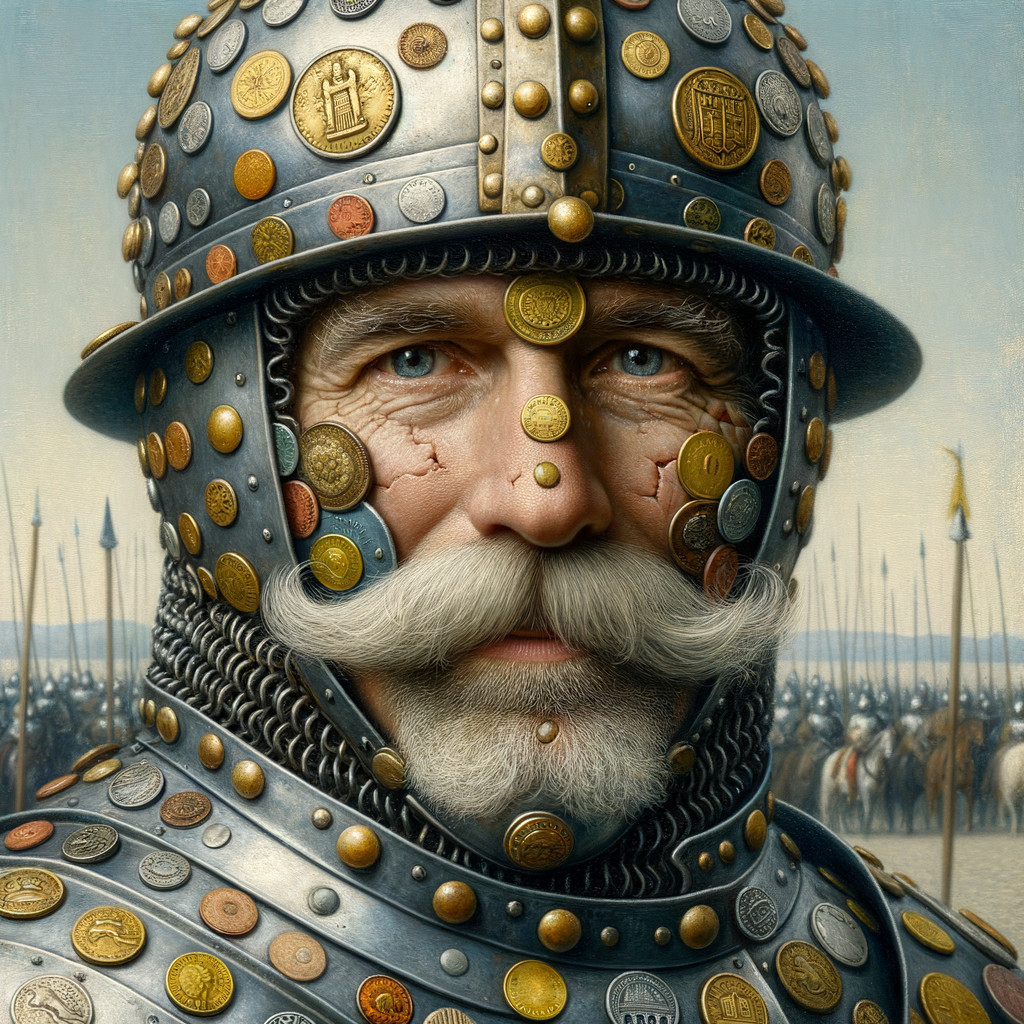 Regal Armored Warrior with Coin Decorations and Soldiers