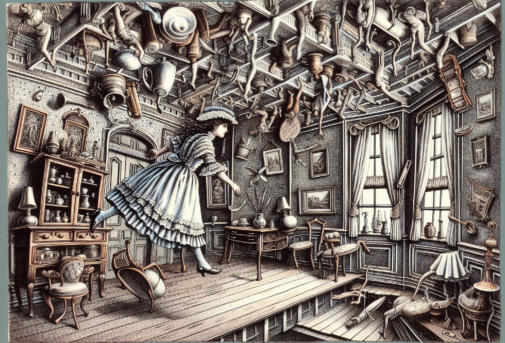 Whimsical Scene of a Floating Girl in Vintage Dress