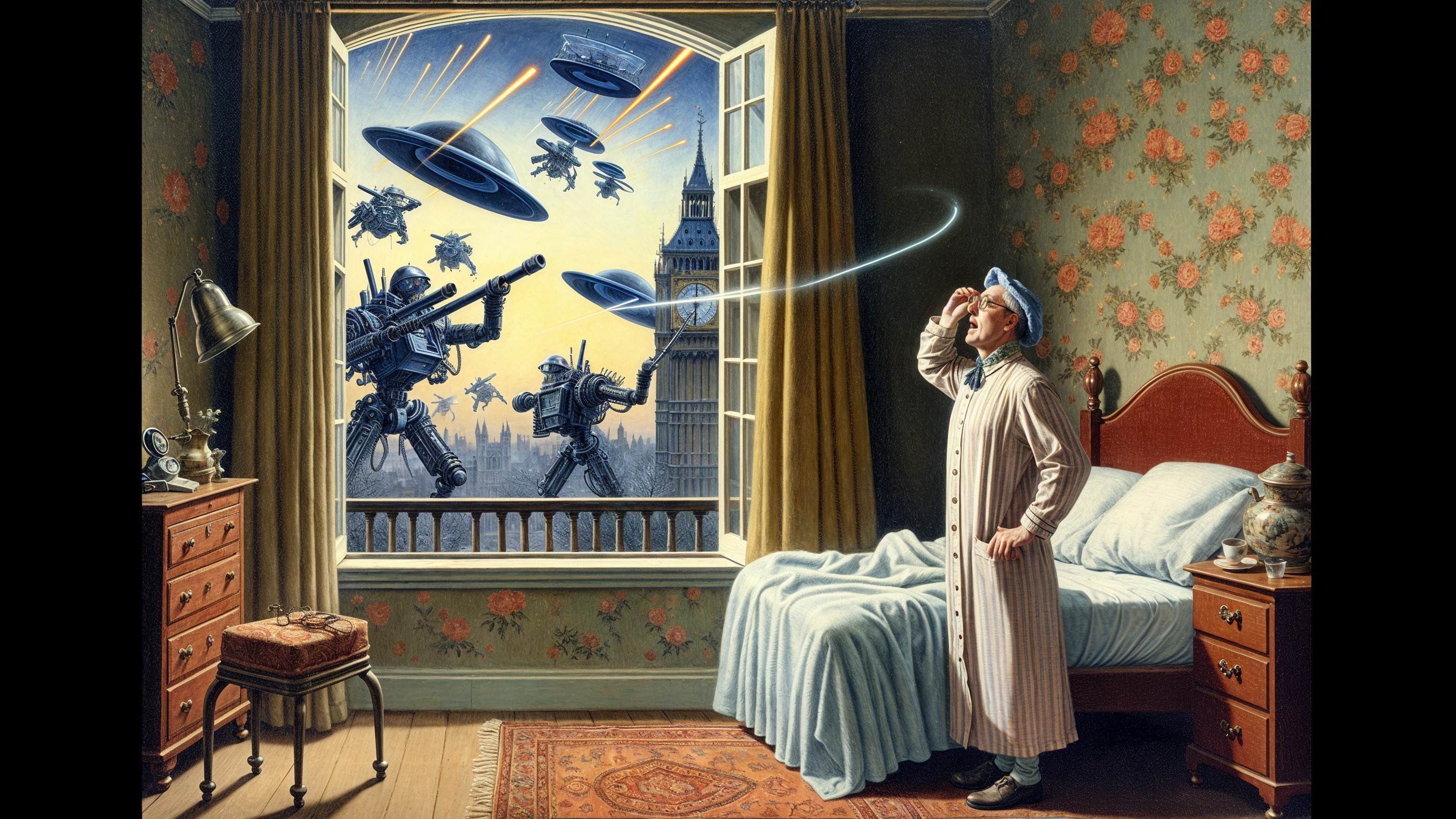 Man in Pajamas Watches Robots Battle Flying Saucers