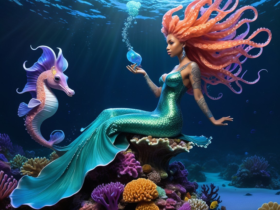 Underwater Scene with Mermaid and Colorful Marine Life
