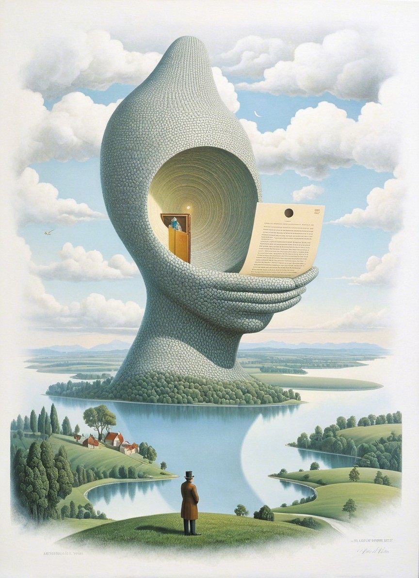 Giant Hand with Door in Serene Landscape Artwork