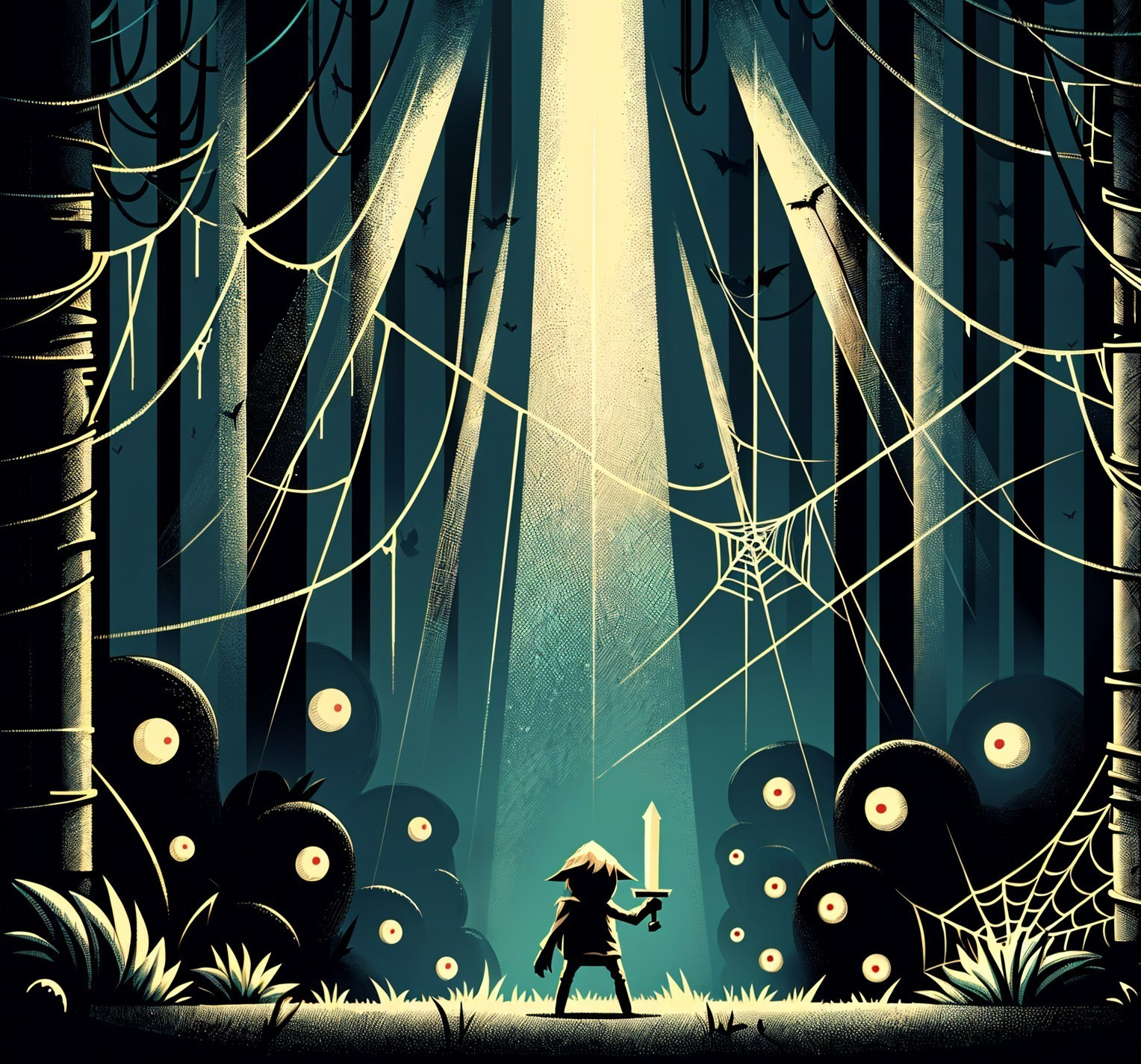 Lone Figure with Sword in Mysterious Forest Setting