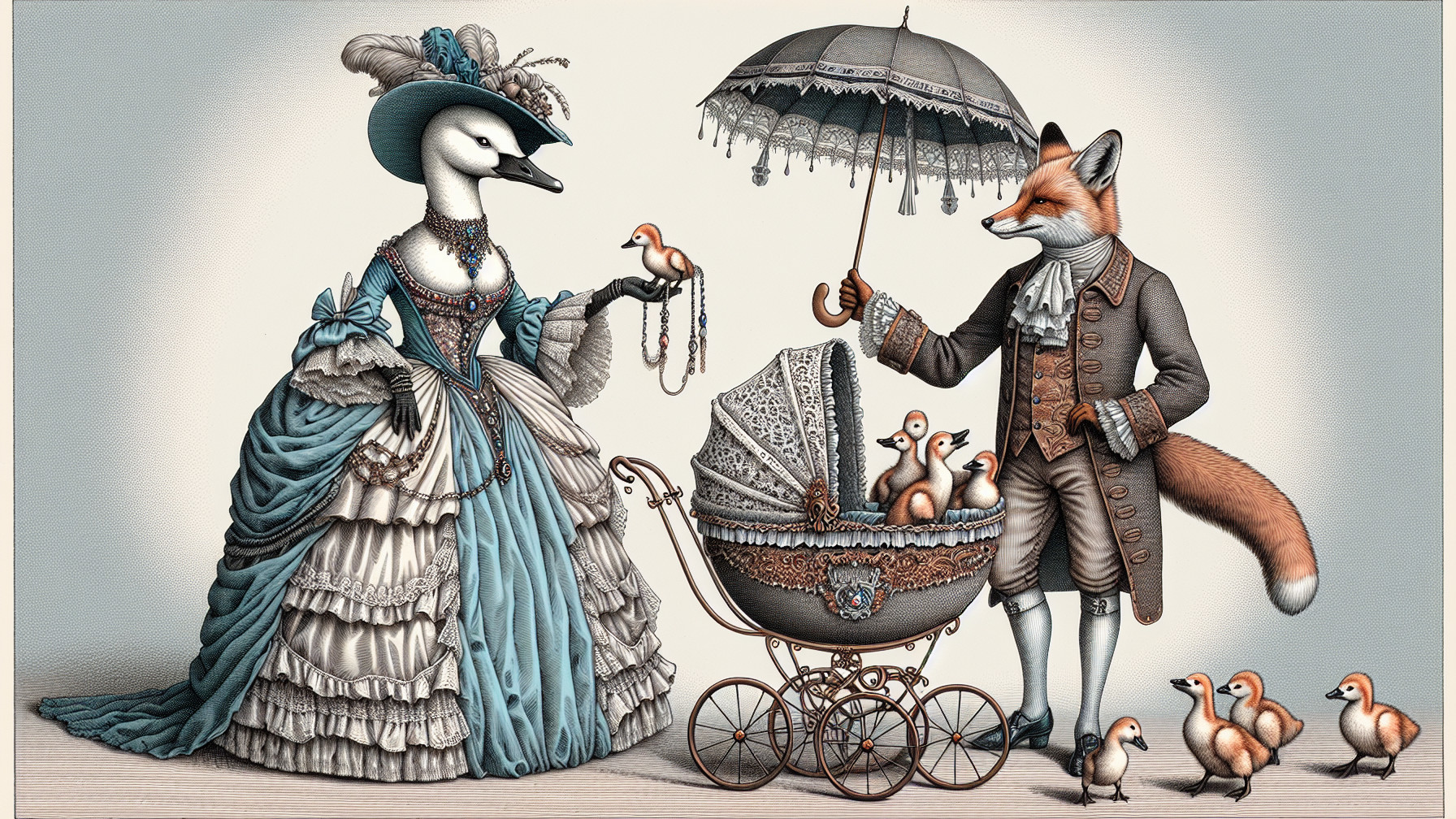 Elegant Swan and Fox in Whimsical Fashion Scene