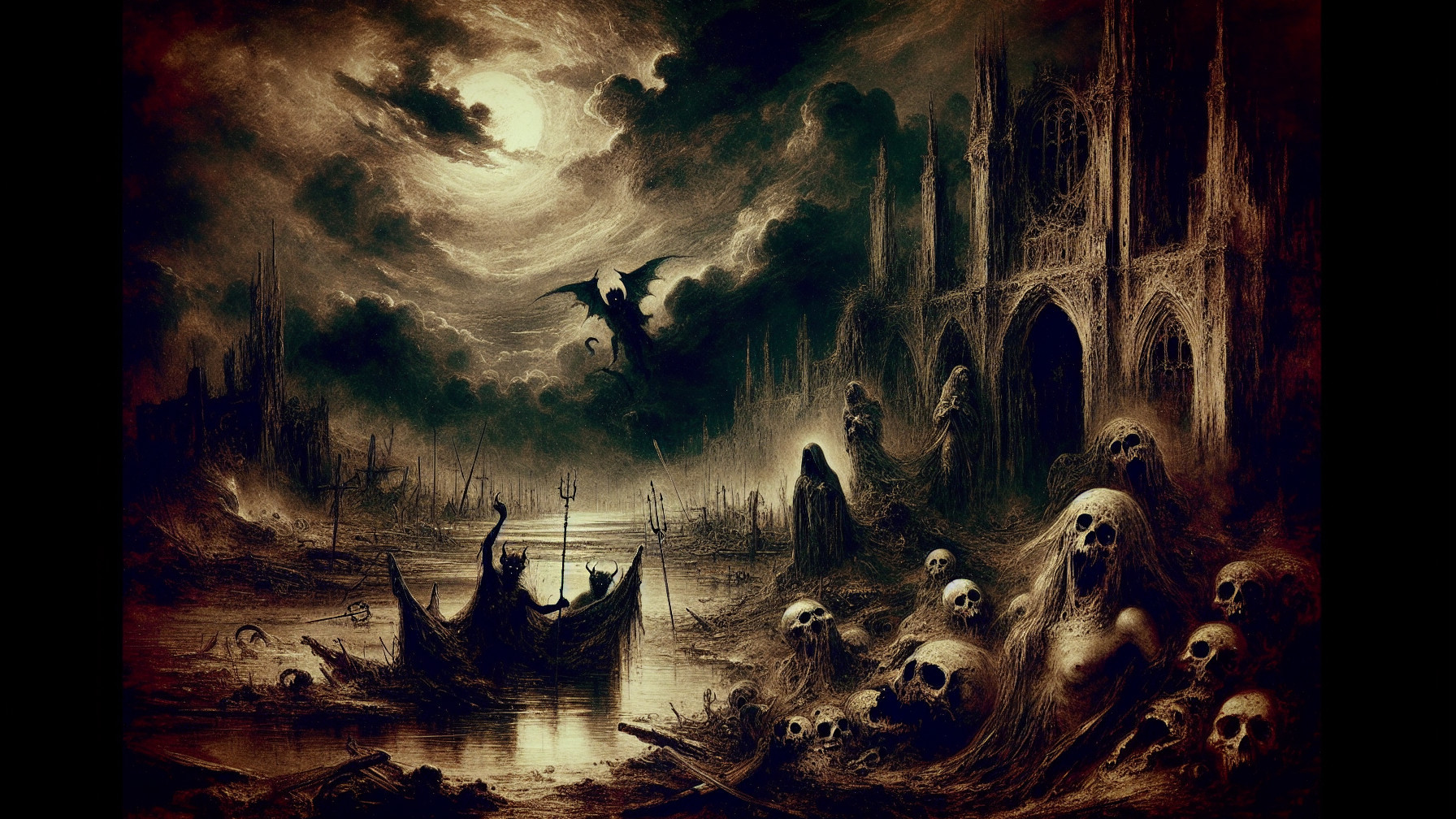 Haunting Landscape with Dark Creatures and Ruins