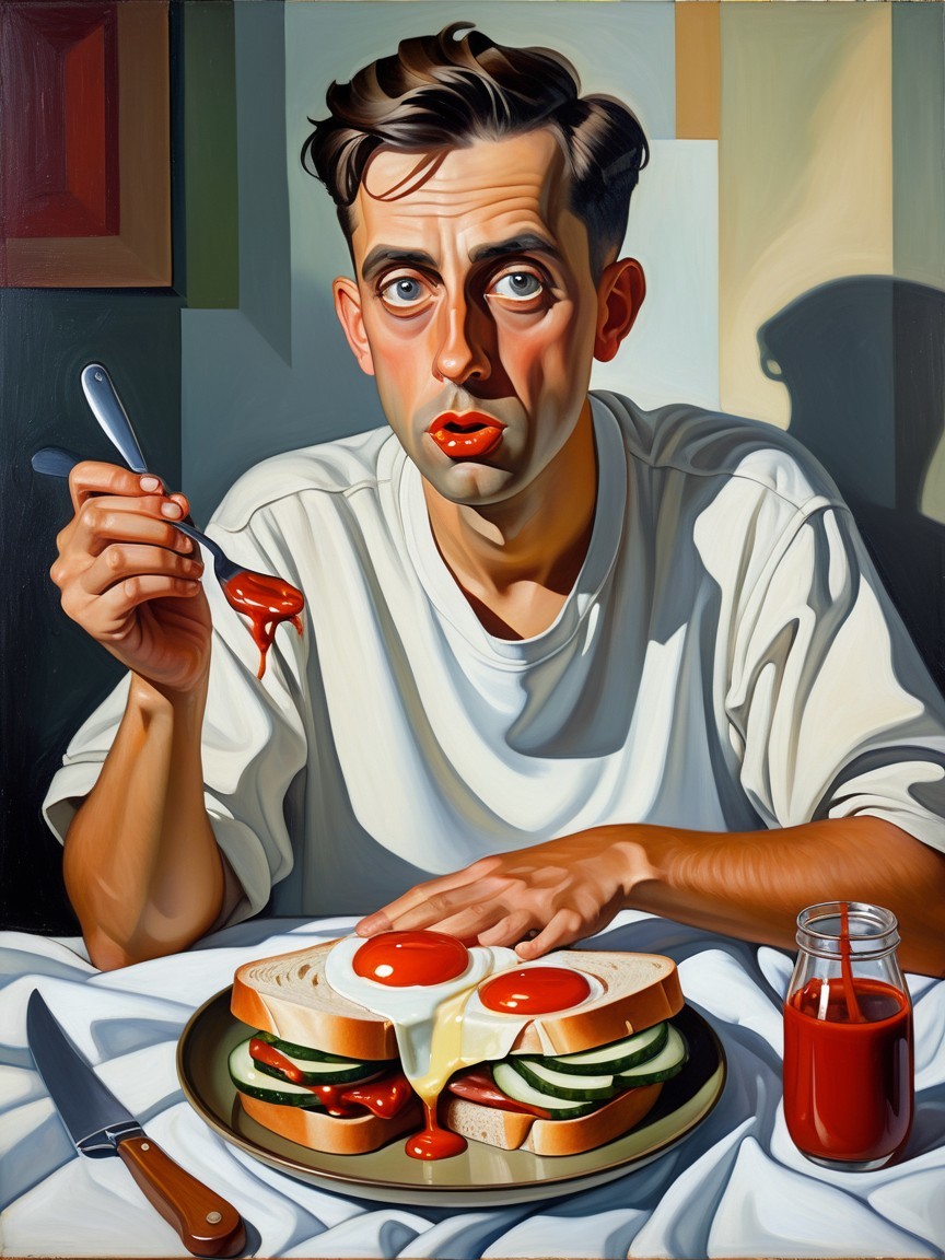 Man Enjoys Large Sandwich with Fried Eggs and Ketchup