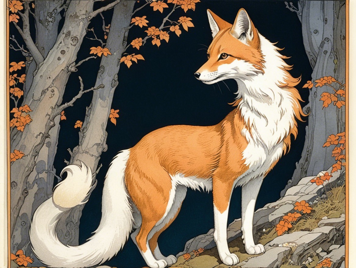 Majestic fox in autumn woodland setting with trees
