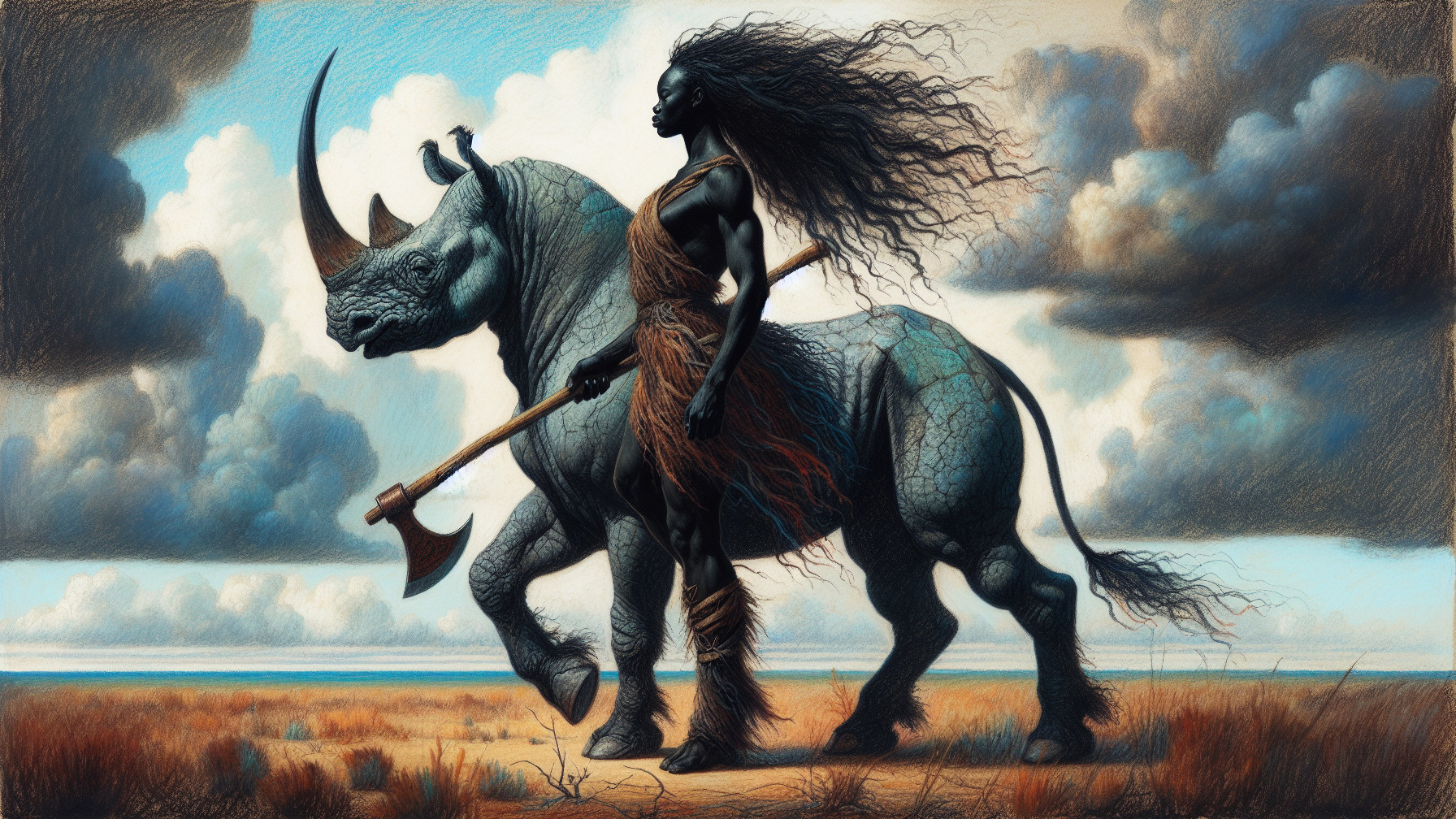 Majestic Armored Rhinoceros and Powerful Figure Scene