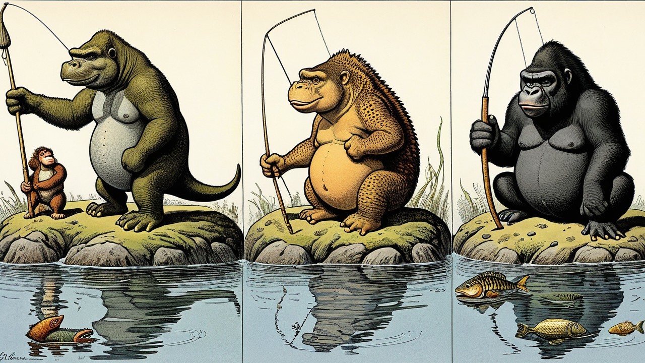 Cartoon Gorillas Fishing by a Body of Water