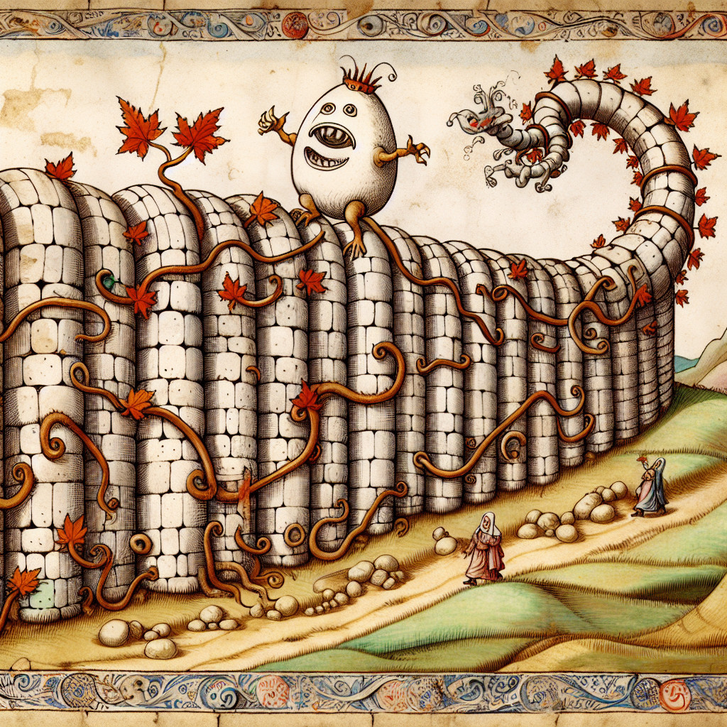 Whimsical Egg-Shaped Creature on Stone Wall Scene
