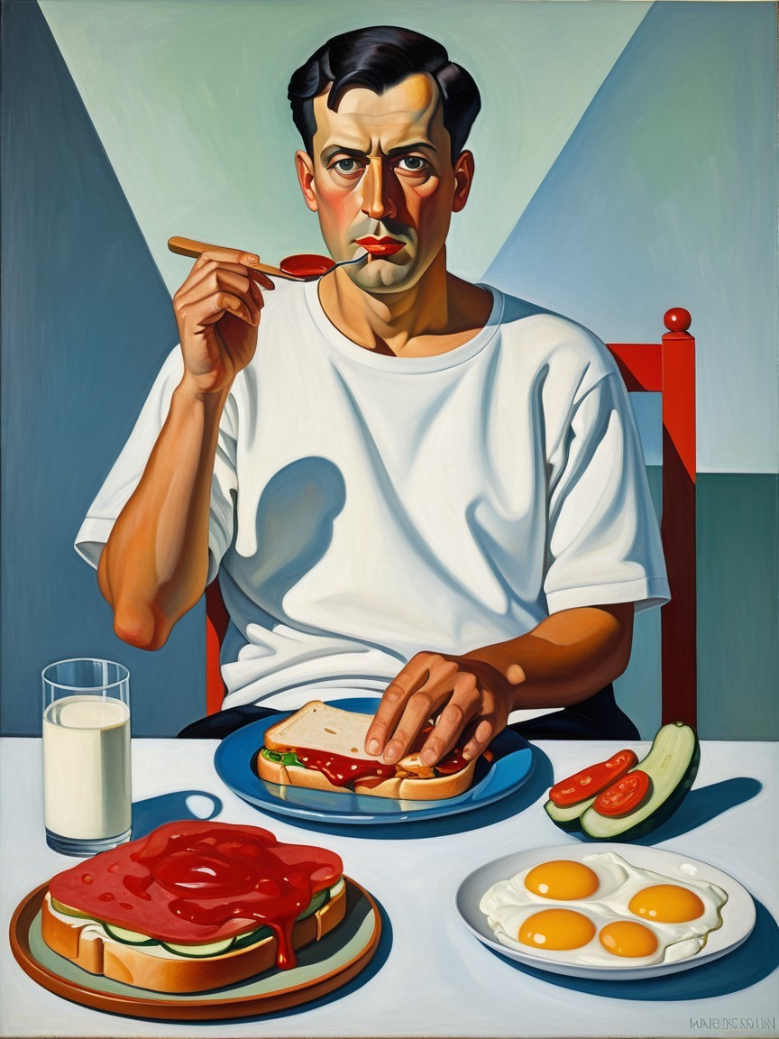 Man Eating Sandwich with Eggs and Vegetables at Table