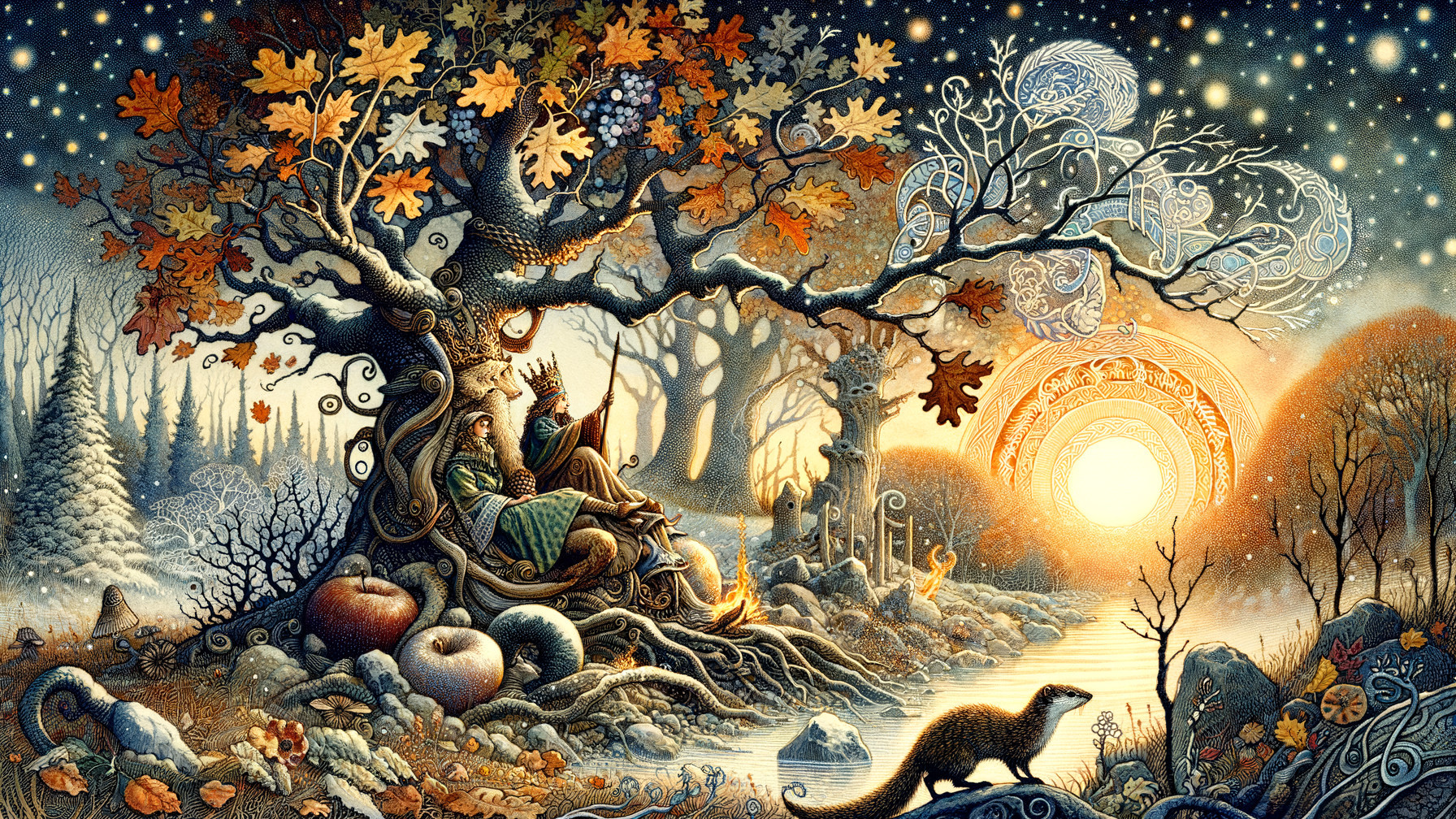 Mystical Autumn Scene with Guardians by a River