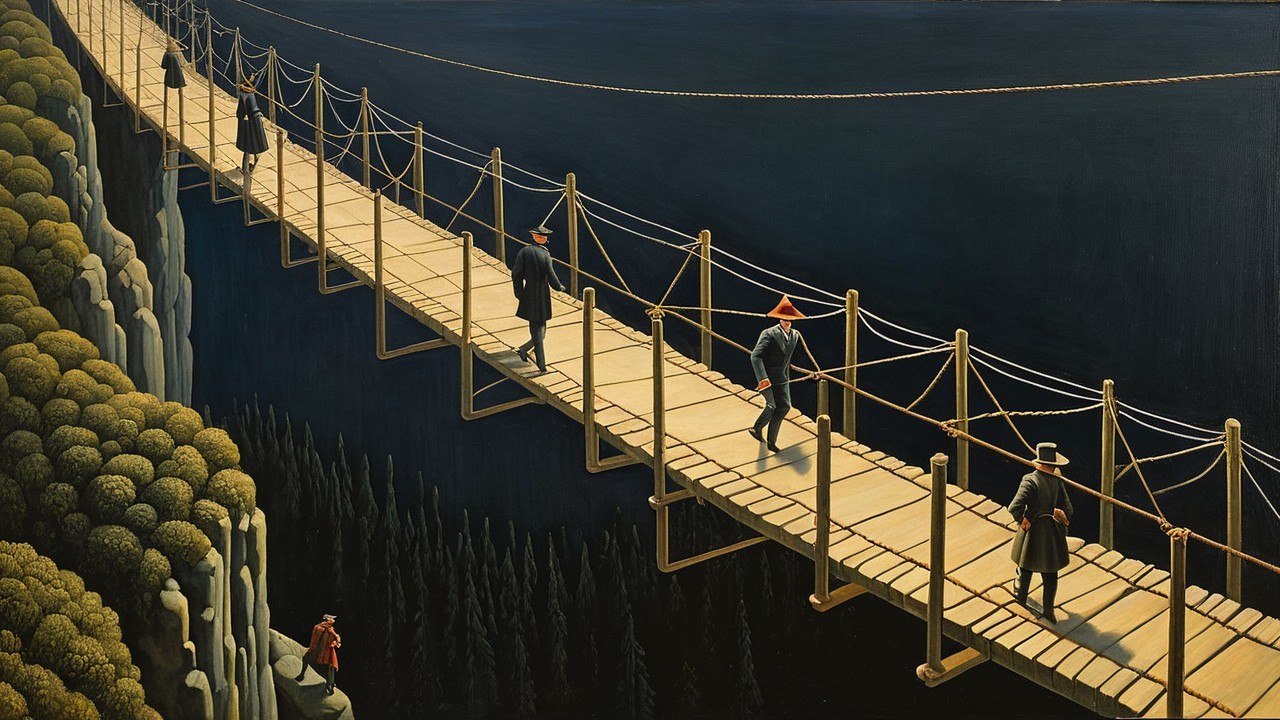 Wooden Suspension Bridge Over Dark Chasm with Figures