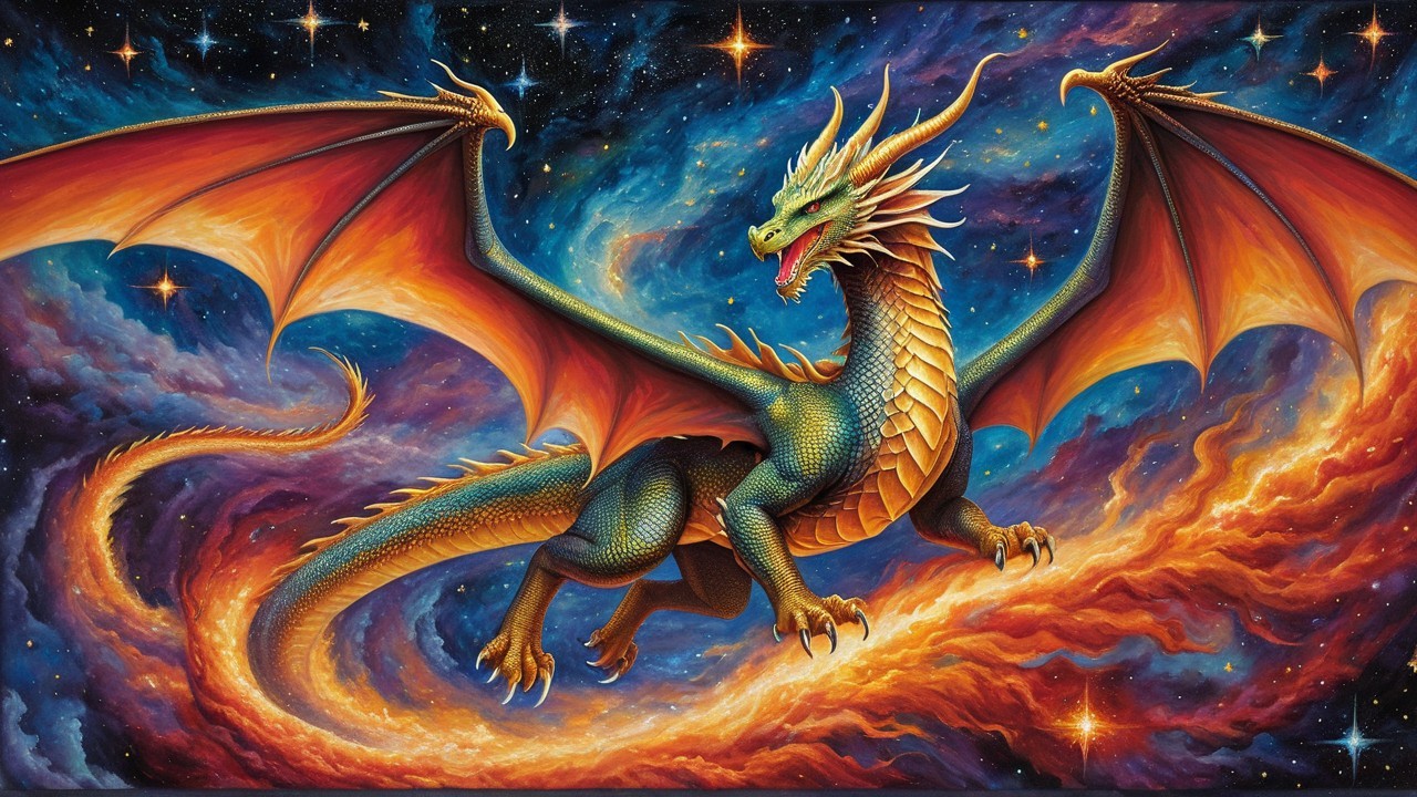 Majestic dragon in vibrant cosmic expanse with galaxies