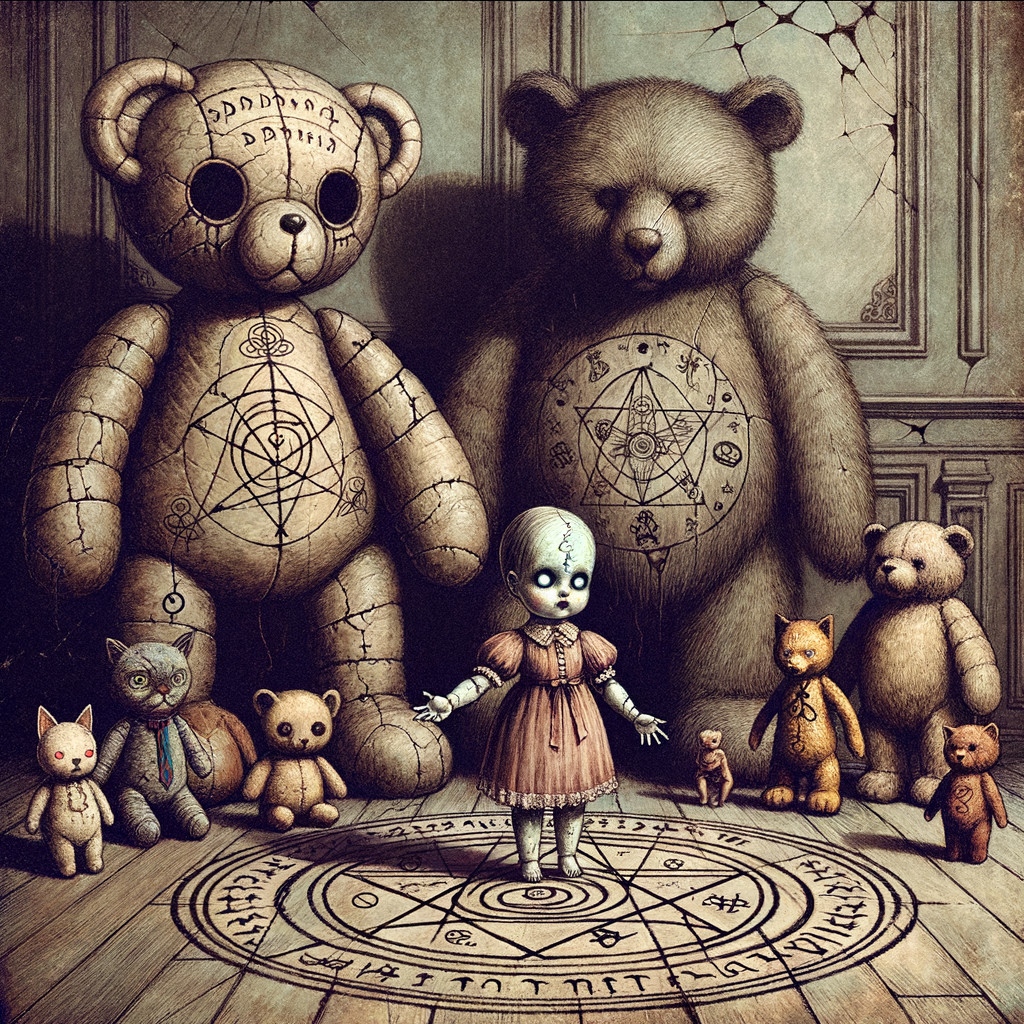 Doll on Pentagram Surrounded by Stuffed Animals
