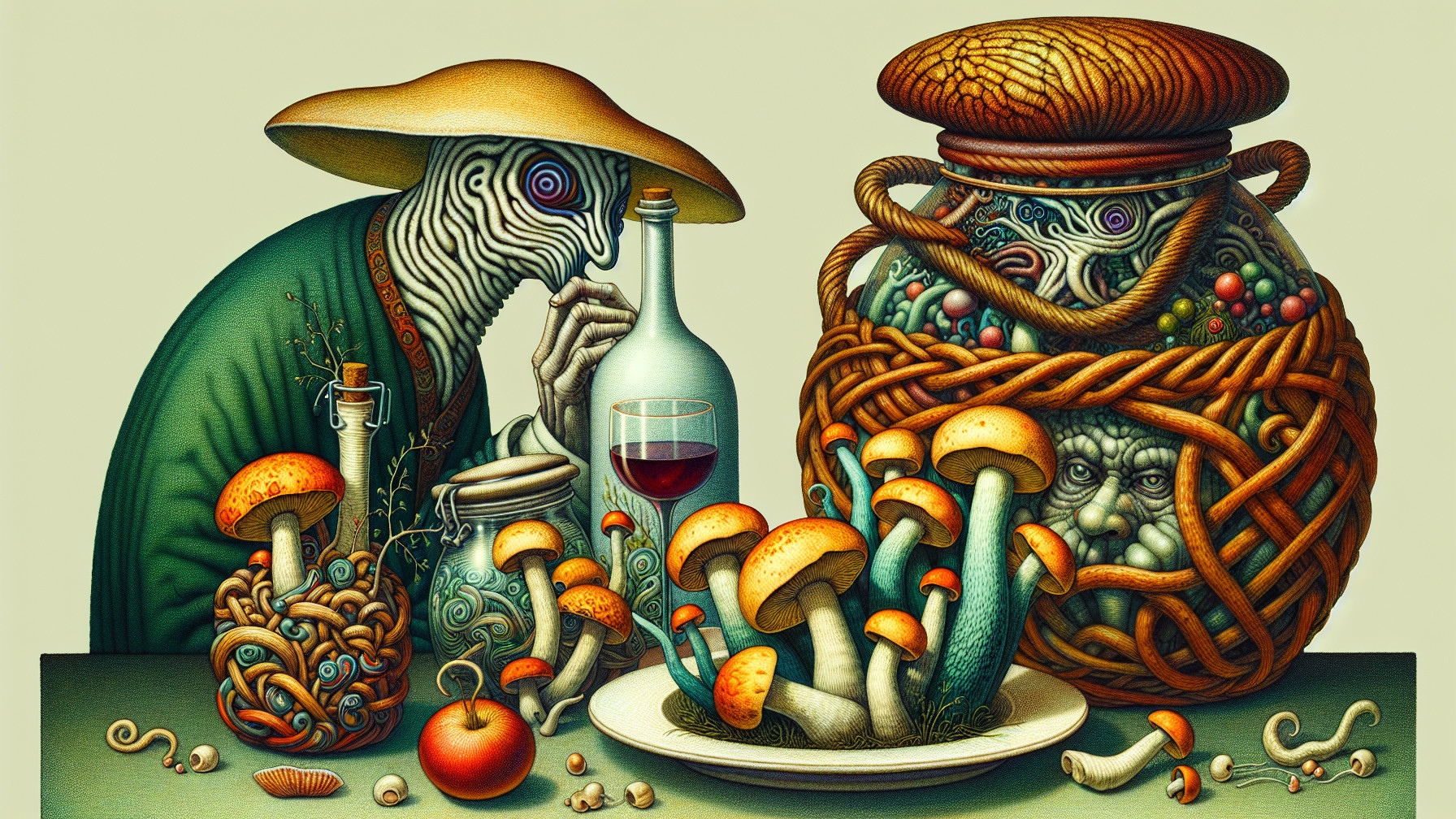 Surreal Scene with Striped Figure and Whimsical Elements