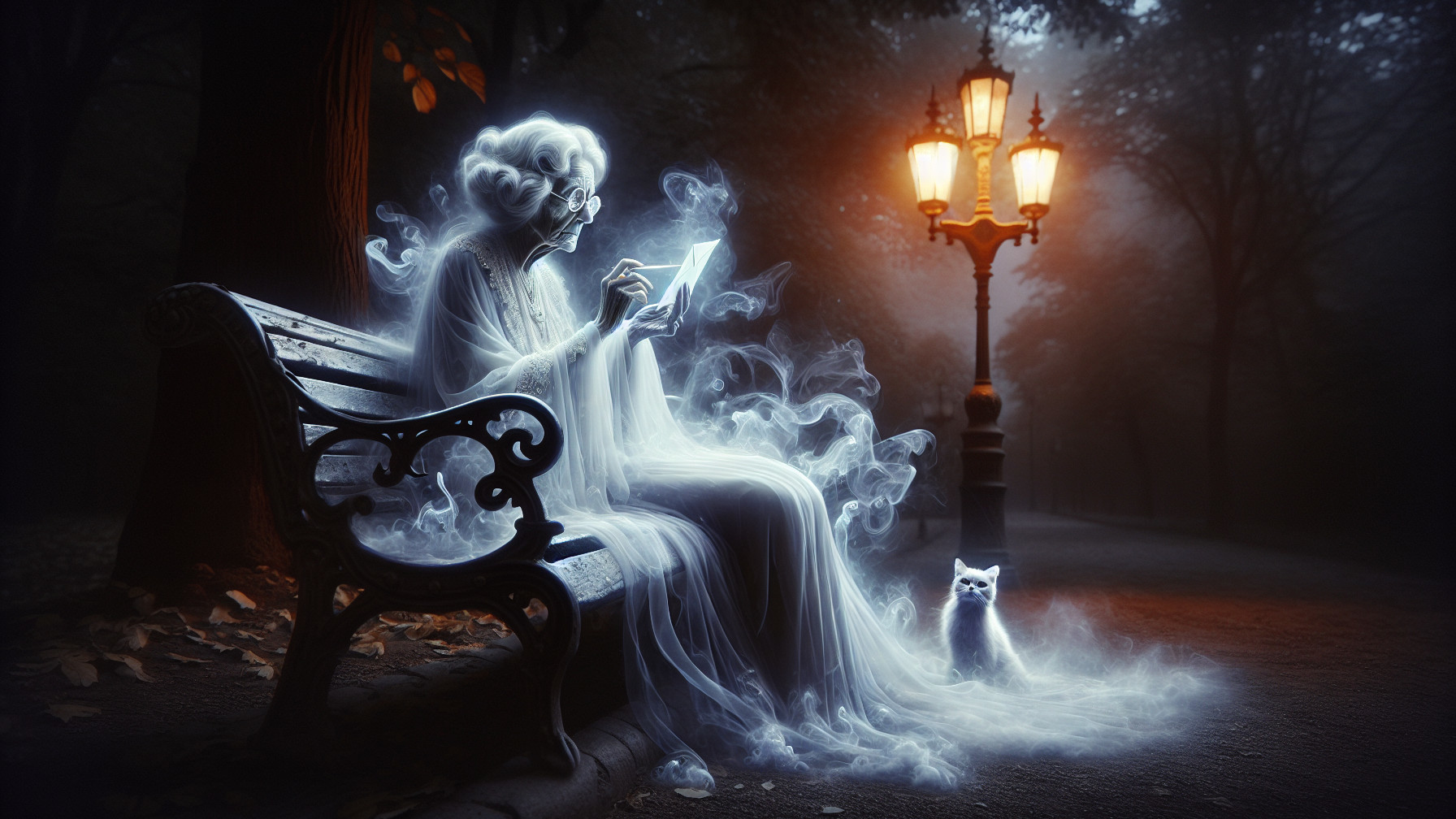 Elderly Woman Reading on a Bench in Misty Park