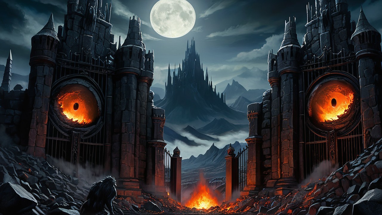 Dramatic Fantasy Scene with Black Stone Gates and Mountains