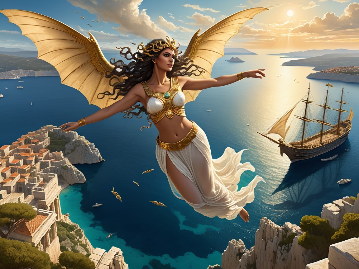 Goddess in Ancient Greek Dress Above Village and Sea