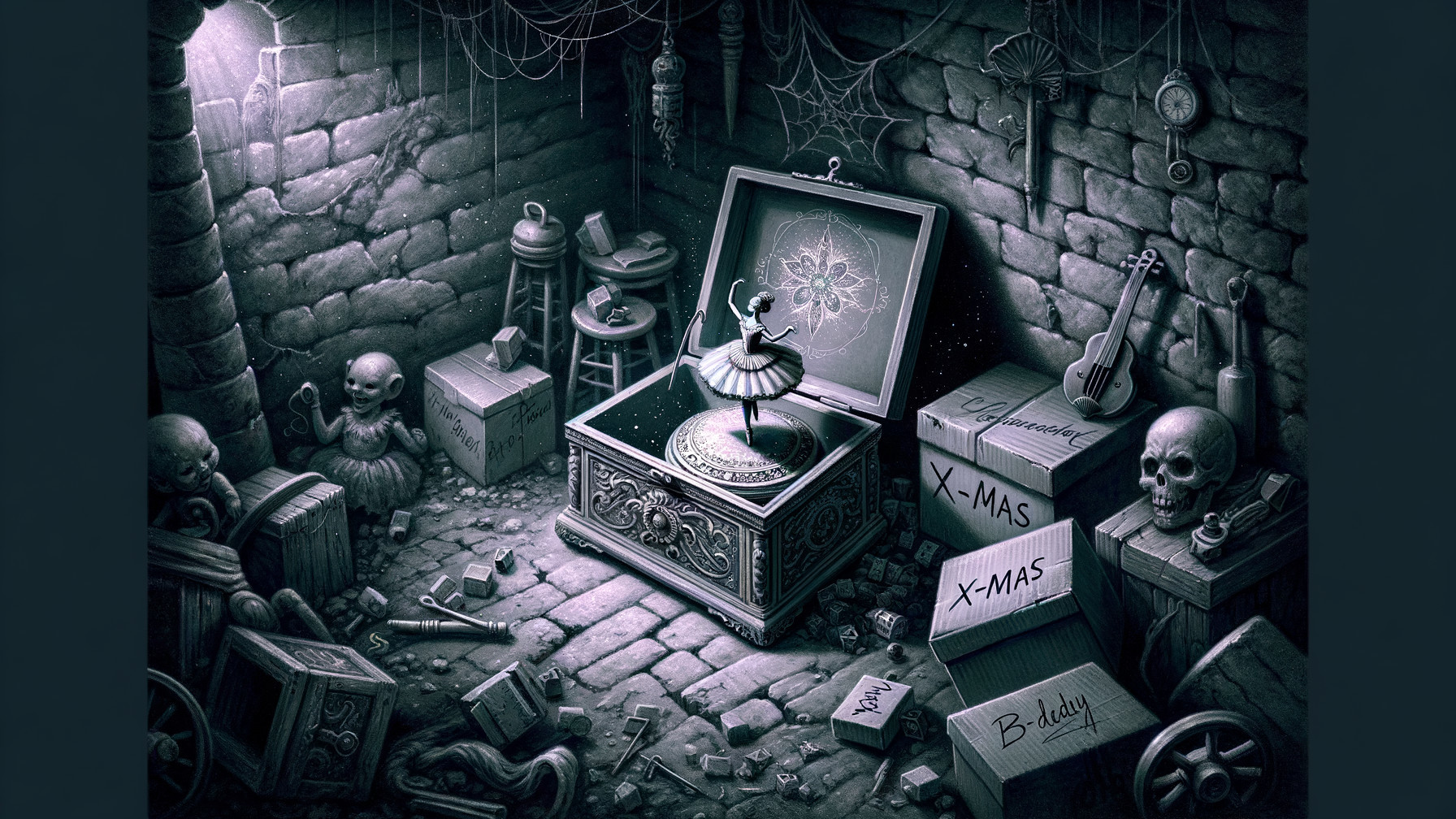 Vintage Music Box in a Dimly Lit Basement Setting