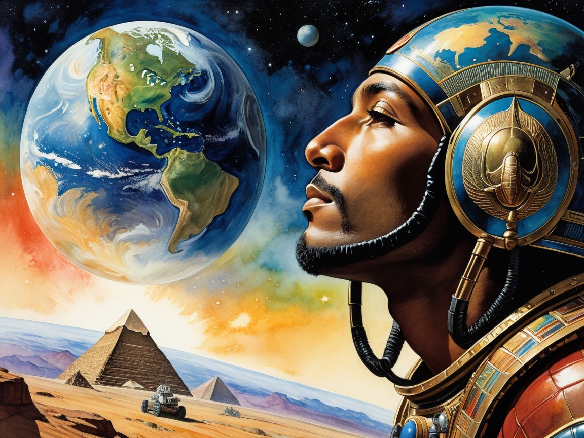 Futuristic Scene with Ancient Egyptian and Cosmic Elements