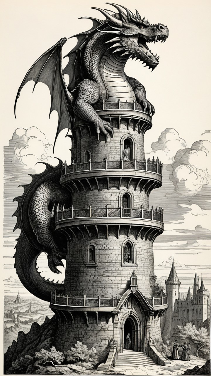 Dragon on Tower with Medieval Castle Background