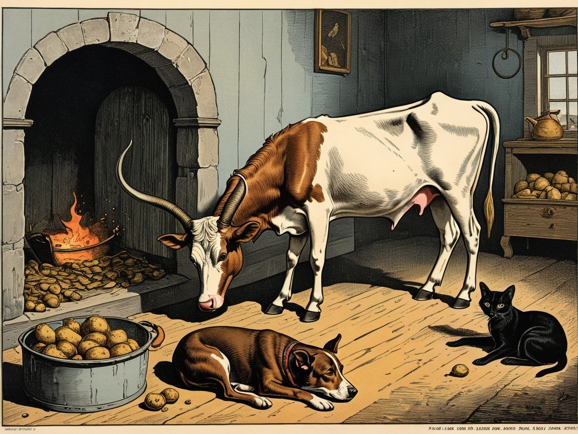 Rustic Interior with Cow, Dog, Cat, and Fireplace