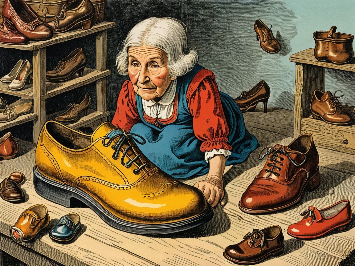 Elderly Woman Examining Yellow Shoe in Quaint Shop