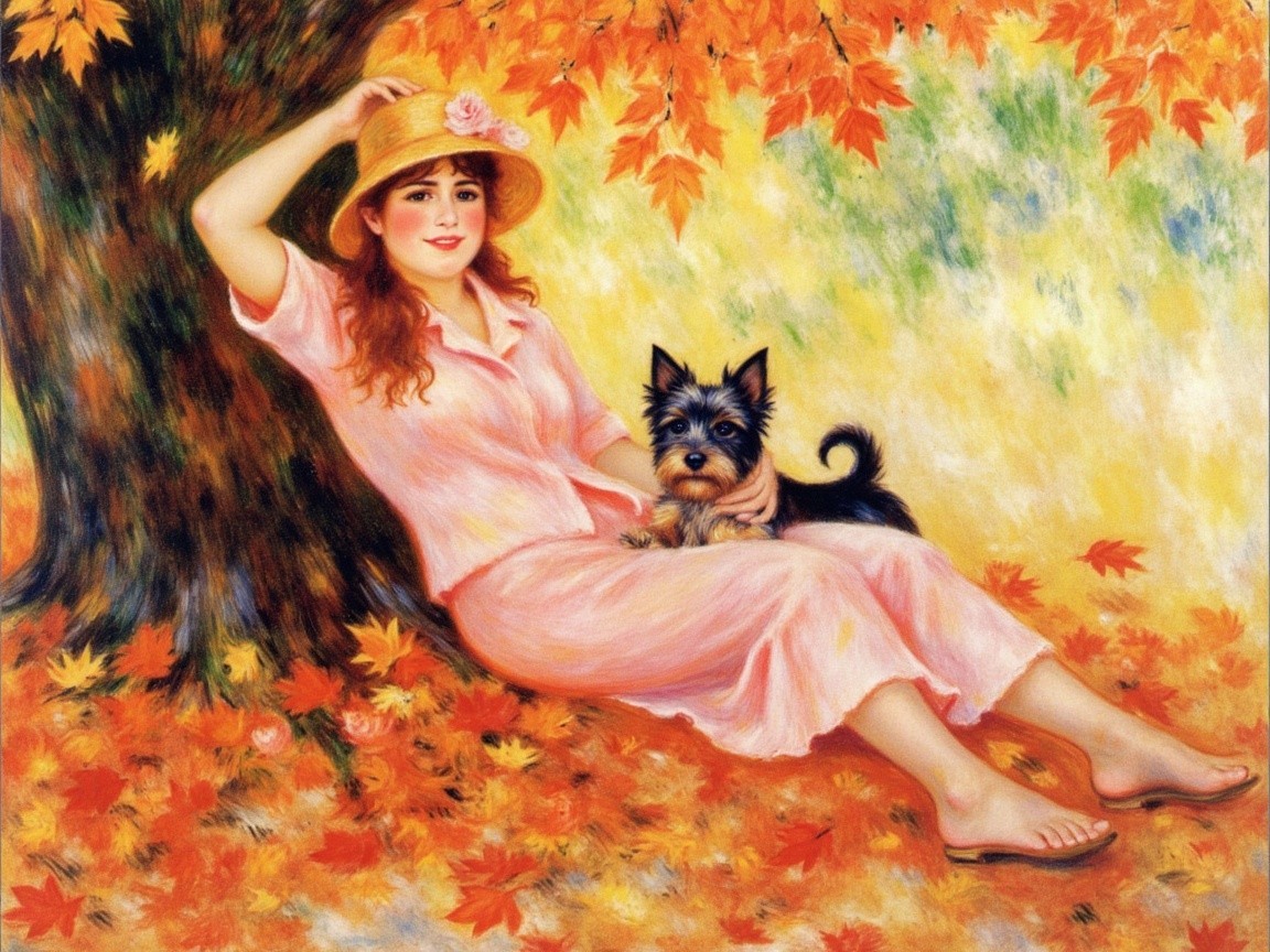 Young Woman in Pink Dress Relaxing Under Autumn Tree