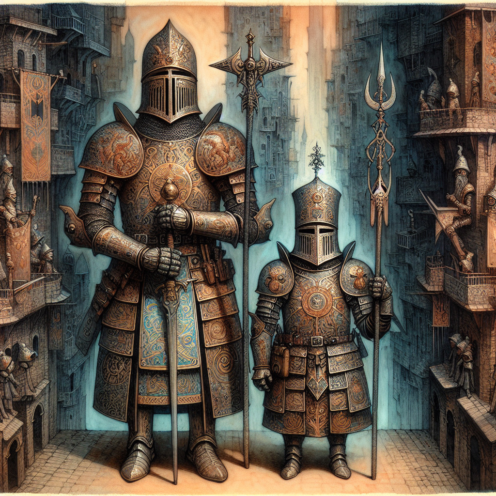 Intricately Designed Armored Knights in Cityscape Background