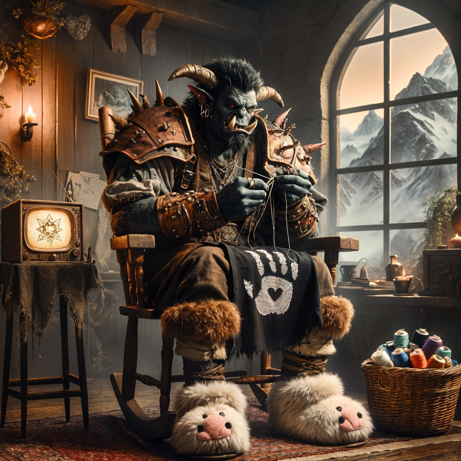Horned Creature Knitting in Cozy Rustic Setting
