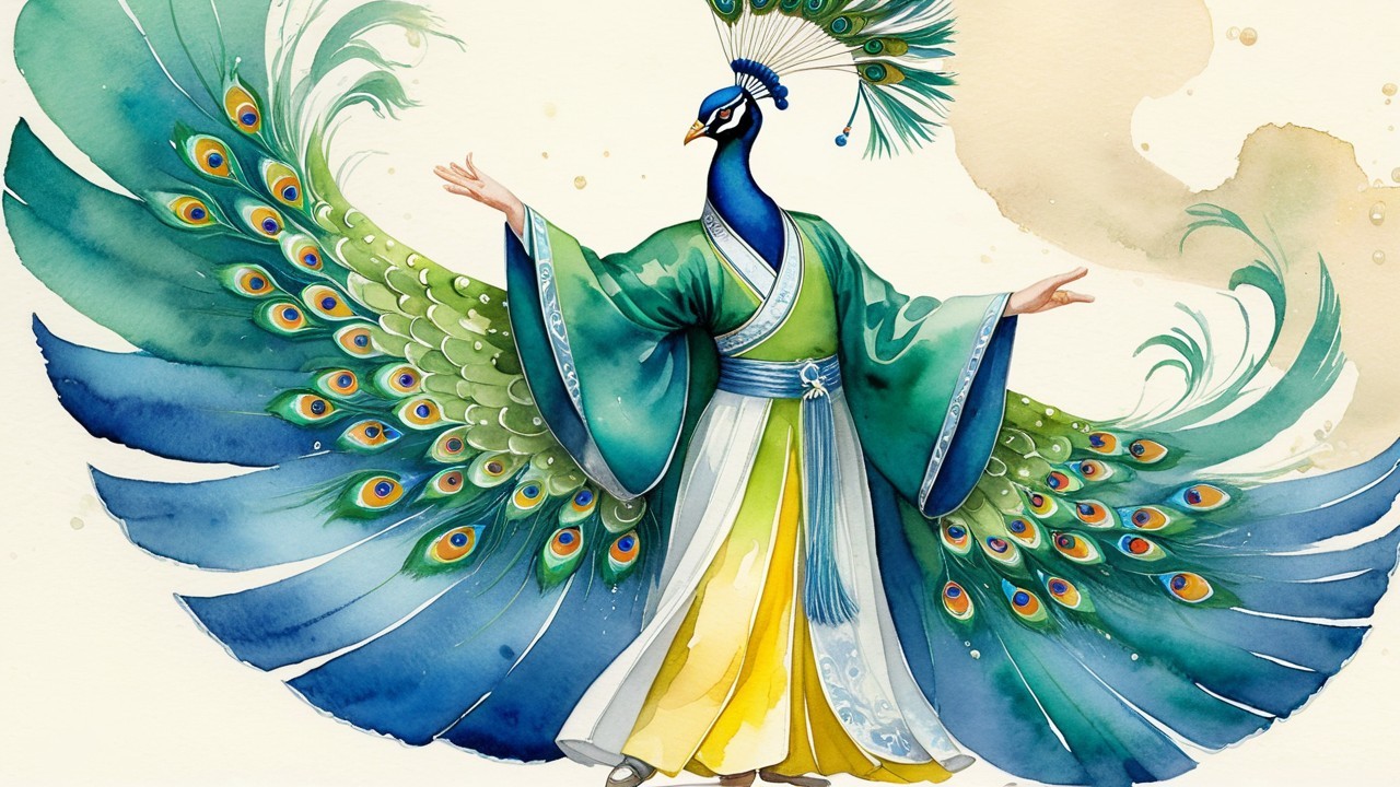 Vibrant Peacock in Traditional Outfit with Colorful Feathers