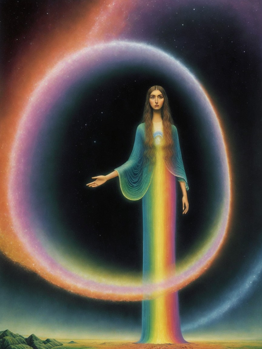 Mystical Figure in Cosmic Landscape with Vibrant Colors