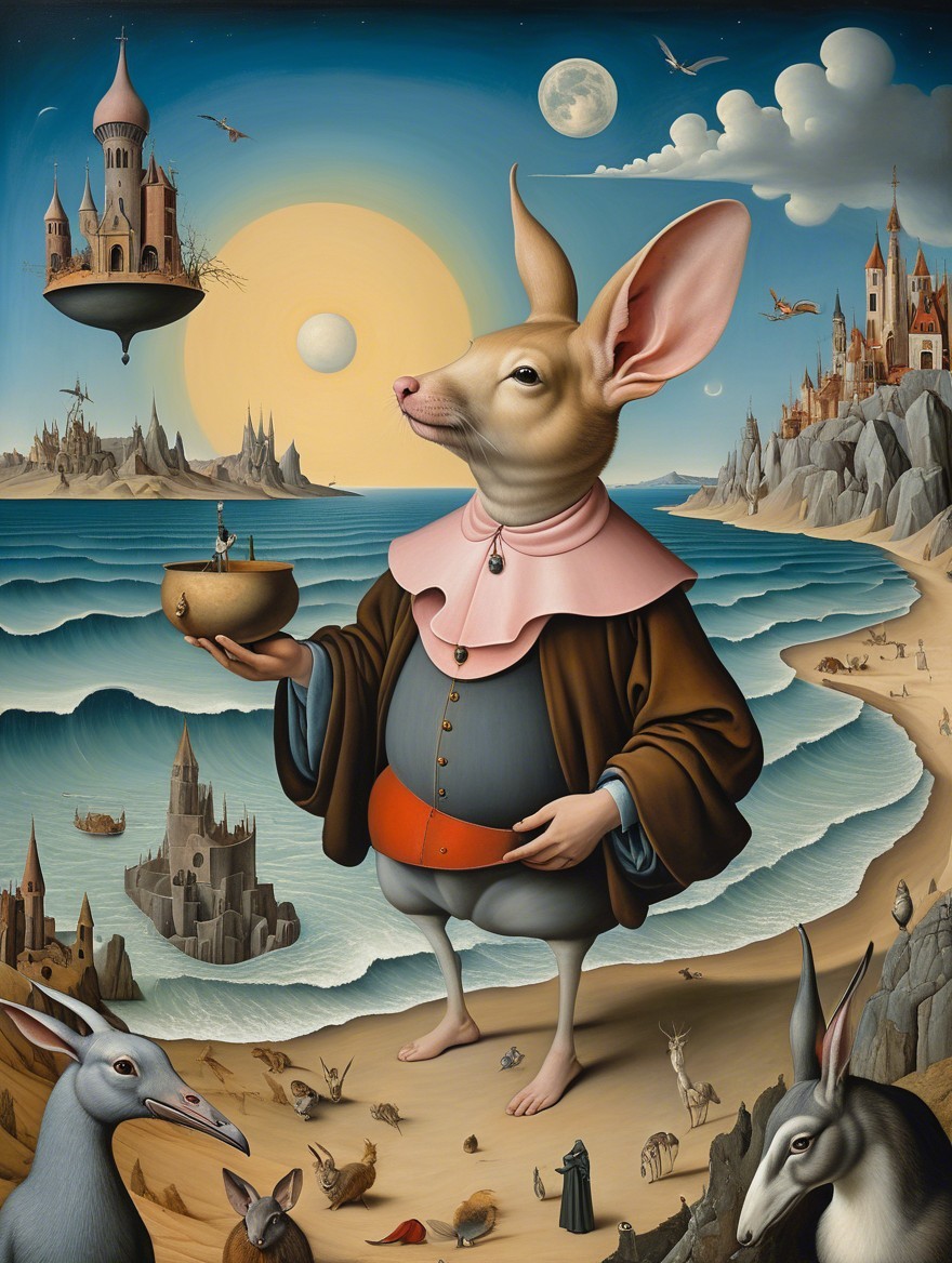 Whimsical Rabbit Figure on Surreal Beach Landscape