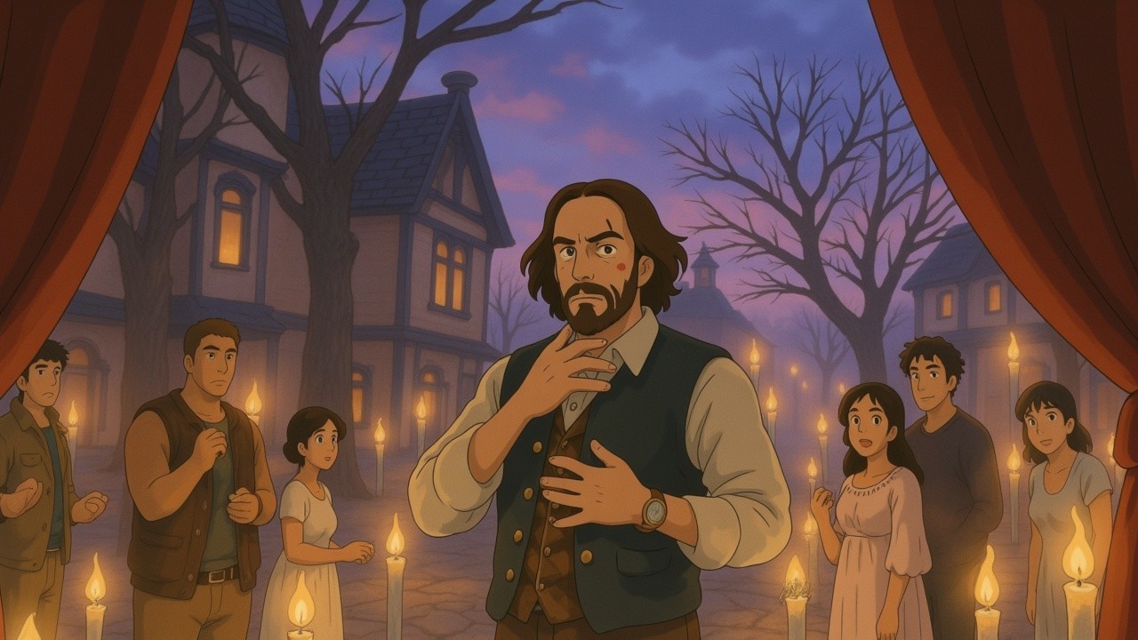 Twilight Scene with Individuals in Quaint Village Setting