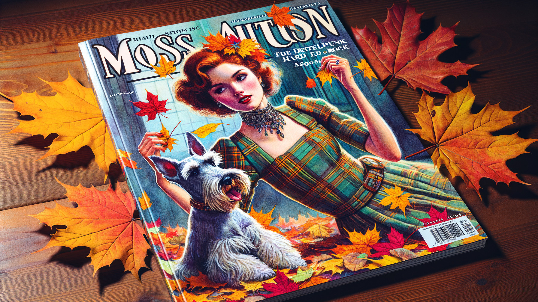 Magazine Cover with Autumn Leaves and Vintage Fashion