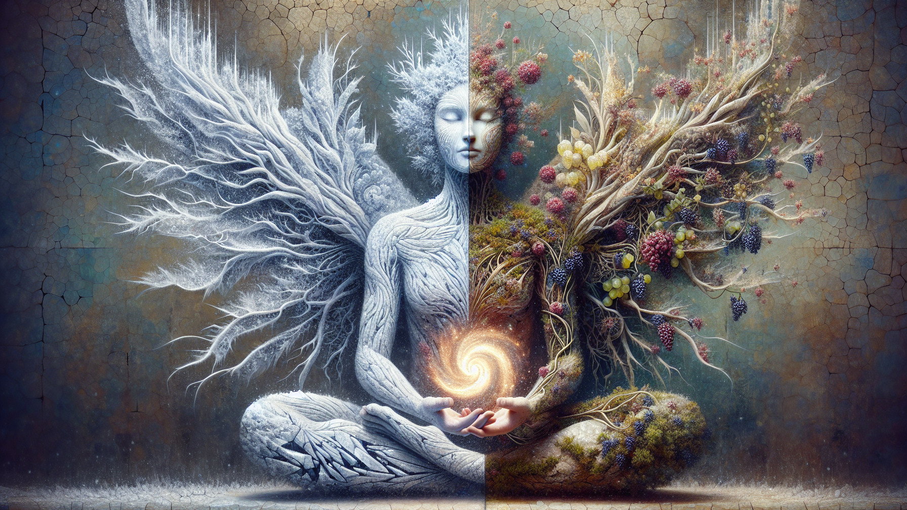 Split Figure Representing Winter and Nature's Balance
